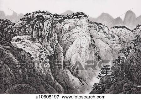 Stock Photo - Chinese Fine art, Traditional Chinese Painting, Mountain, Cliff. Fotosearch