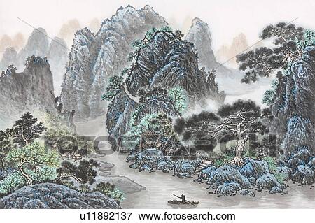 Stock Photo - Chinese Fine art, Traditional Chinese Painting, Mountain Range. Fotosearch