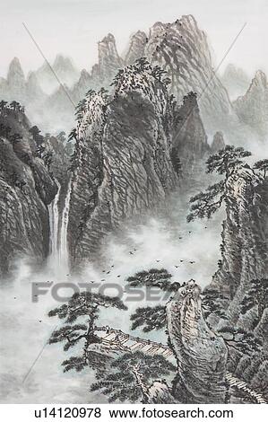 Chinese Fine art, Traditional Chinese Painting, Mountain, Cliff View Large Photo Image Stock Photo - Chinese Fine art, Traditional Chinese Painting, Mountain, Cliff. Fotosearch