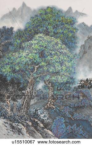 Stock Photo - Chinese Fine art, Traditional Chinese Painting, Woods, Mountain. Fotosearch