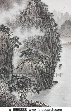 Stock Photo - Chinese Fine art, Traditional Chinese Painting, Mountain, Cliff. Fotosearch