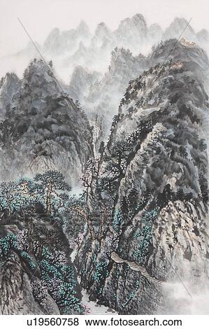 Chinese Fine art, Traditional Chinese Painting, Mountain View Large Photo Image Stock Photo - Chinese Fine art, Traditional Chinese Painting, Mountain. Fotosearch