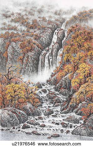 Stock Photograph - Chinese Fine art, Traditional Chinese Painting, Waterfall. Fotosearch