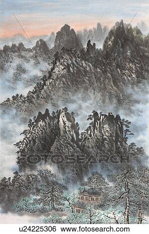 Stock Photograph - Chinese Fine art, Traditional Chinese Painting, Mountain. Fotosearch