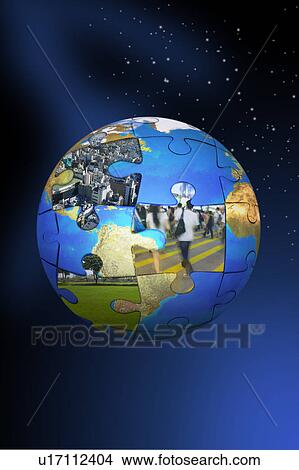 Picture - Environmental Conservation, Digitally generated image of earth with puzzles in blue background. Fotosearch