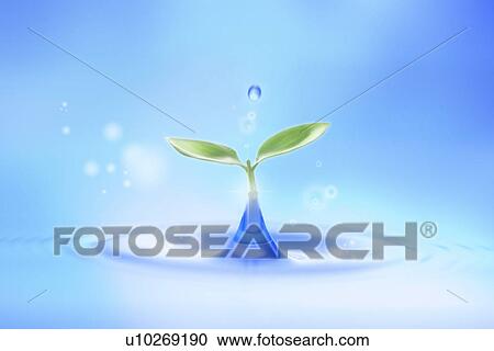 Stock Image - Environmental Conservation, Digitally generated image of drops and seedling. Fotosearch