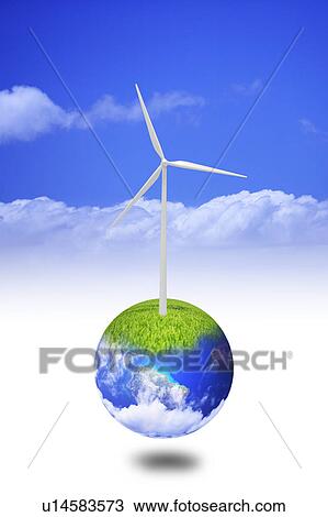 Stock Image - Environmental Conservation, Digitally generated image of windmill on the earth. Fotosearch