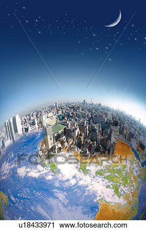 Stock Image - Environmental Conservation, Digitally generated image of buildings on the earth. Fotosearch