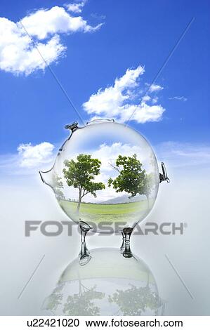 Stock Image - Environmental Conservation, Digitally generated image of plants in a piggy bank with blue sky in background. Fotosearch