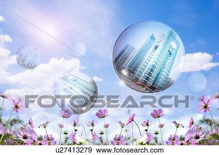Stock Photo - Environmental Conservation, Digitally generated image of bubbles with buildings and flower field. Fotosearch