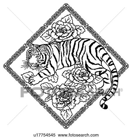 Patterns of a Tiger and flower in a decoupage View Large Photo Image Stock Photography - Patterns of a Tiger and flower in a decoupage. Fotosearch