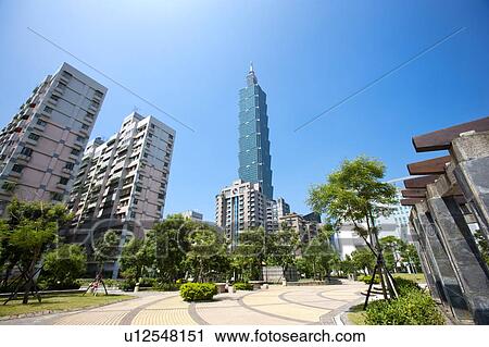 Stock Image - Taiwan, Taipei, Xinyi Commercial Center, Taipei 101. Fotosearch