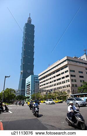 Stock Photograph - Taiwan, Taipei, Xinyi Commercial Center, Taipei 101. Fotosearch