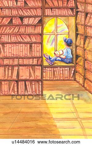 Stock Photograph - Watercolor painting of young man reading book. Fotosearch