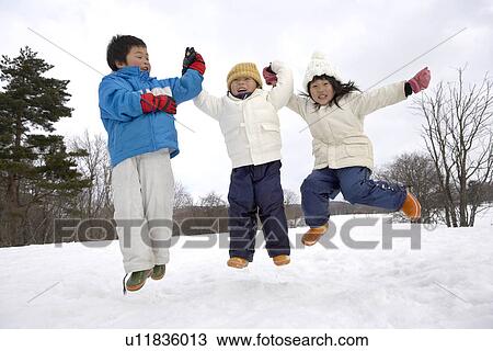 Stock Image - Boys and girls jumping. Fotosearch