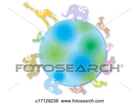 Stock Photo - Colorful Animals on Globe. Fotosearch