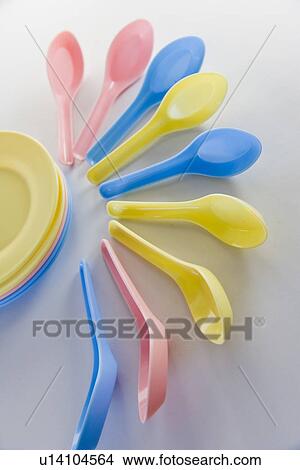 Colorful plastic plates and spoons, white background View Large Photo Image Picture - Colorful plastic plates and spoons, white background. Fotosearch