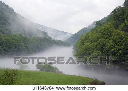 Picture - Foggy Valley, Argentat, Correze, France. Fotosearch