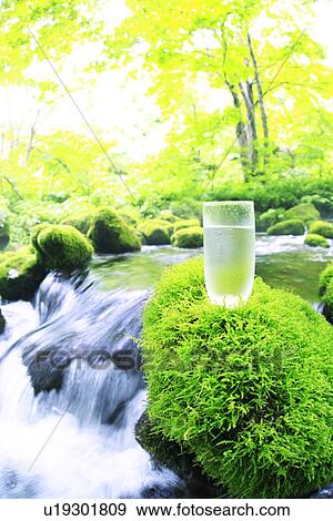 Glass of water on mossy stone by stream View Large Photo Image Stock Photo - Glass of water on mossy stone by stream. Fotosearch
