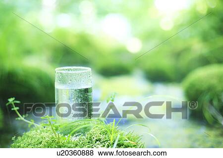 Glass of water on mossy stone by stream View Large Photo Image Stock Photo - Glass of water on mossy stone by stream. Fotosearch