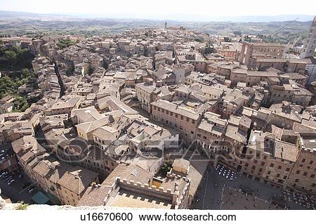 Stock Image - High Angle View of Townscape, Siena, Italy. Fotosearch