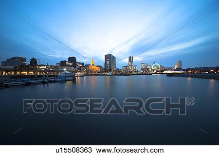 Stock Image - Minatomirai at dusk. Fotosearch