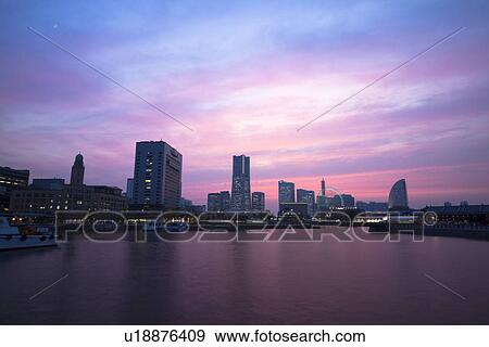 Stock Photo - Minatomirai at dusk. Fotosearch