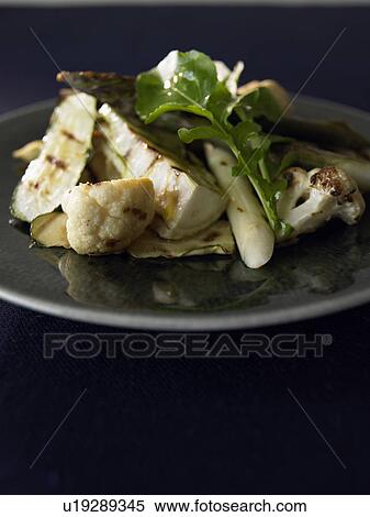 Stock Photography - Plate of fried eggplant, close up, black background. Fotosearch