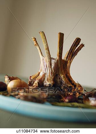 Picture - Plate of roasted lamb, close up, white background. Fotosearch