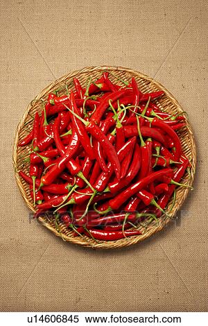 Stock Photography - Red chili peppers on bamboo tray. Fotosearch