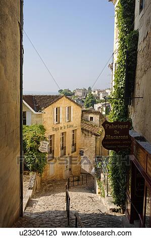 Stock Image - Sloping Road in Old Town, Saint Emilion, Gironde, France. Fotosearch