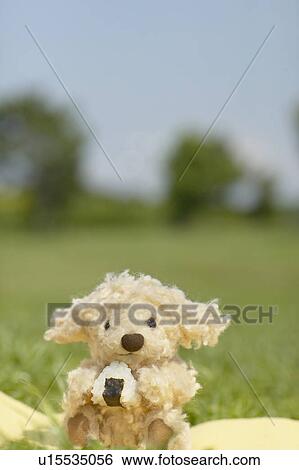 Stock Photograph - Soft toy dog eating rice ball. Fotosearch