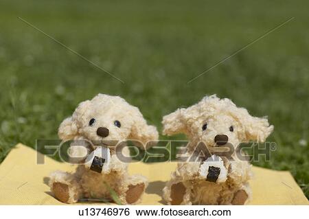 Stock Photograph - Two soft toy dogs eating rice balls. Fotosearch