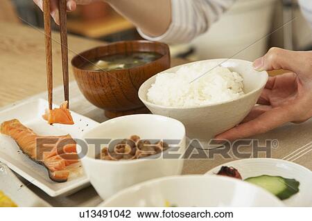 Stock Image - Woman having breakfast, close up. Fotosearch