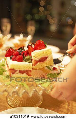 Stock Photo - Woman serving piece of Christmas cake, close up. Fotosearch