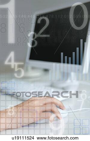 Picture - Woman using computer, numbers and graph. Fotosearch