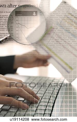 Woman using laptop and newspaper with graph View Large Photo Image Stock Photo - Woman using laptop and newspaper with graph. Fotosearch