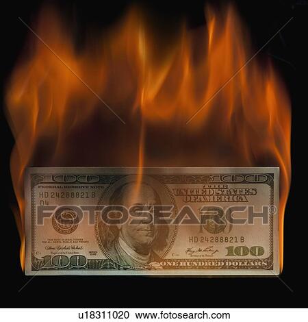 Stock Image - Burning 100 dollar bill. Fotosearch