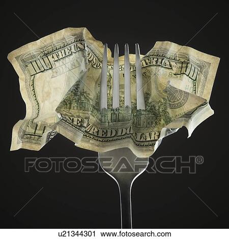 Stock Image - Fork pierced through American 100 dollar bill. Fotosearch
