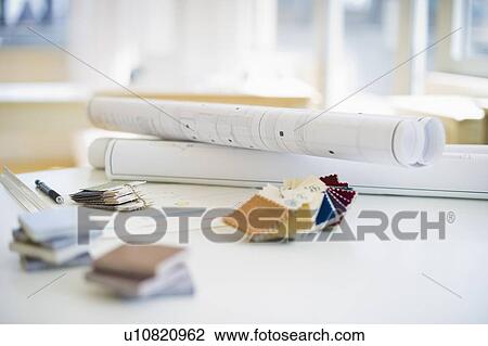 Stock Image - House plans and color swatches. Fotosearch