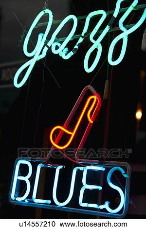 Stock Image - Illuminated Jazz and Blues sign on Beale Street in Memphis. Fotosearch