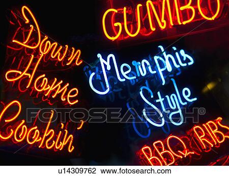 Stock Image - Illuminated signs on Beale Street in Memphis. Fotosearch