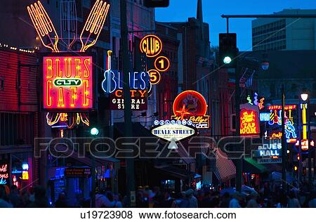 Illuminated signs on Beale Street in Memphis View Large Photo Image Stock Photo - Illuminated signs on Beale Street in Memphis. Fotosearch