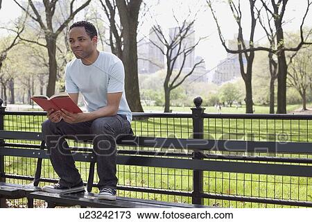 Stock Image - Man sitting on bench reading book in Central Park. Fotosearch