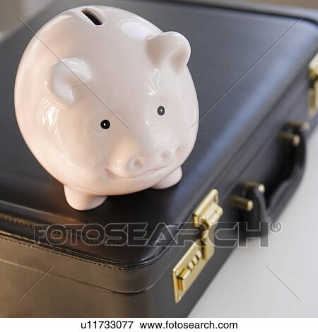 Piggy bank on top of briefcase View Large Photo Image Stock Photo - Piggy bank on top of briefcase. Fotosearch