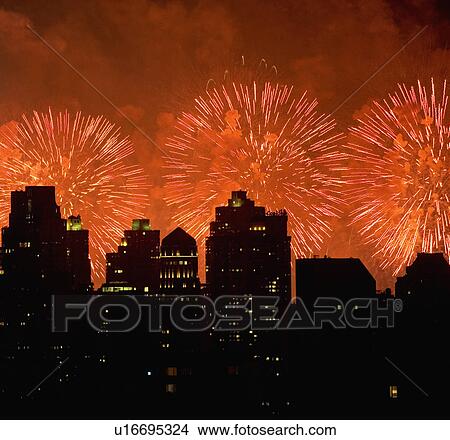 Picture - Fireworks over New York City skyline. Fotosearch