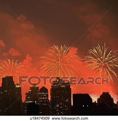 Fireworks over New York City skyline View Large Photo Image Stock Photo - Fireworks over New York City skyline. Fotosearch