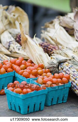 Stock Image - Grape tomatoes and corn gourds at farmer's market. Fotosearch