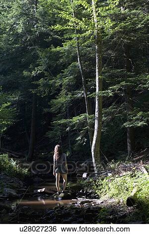 Stock Photograph - Hiker looking at stream. Fotosearch