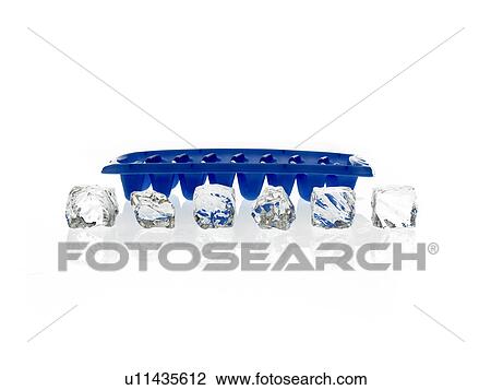 Stock Image - Ice cubes and blue ice cube tray. Fotosearch